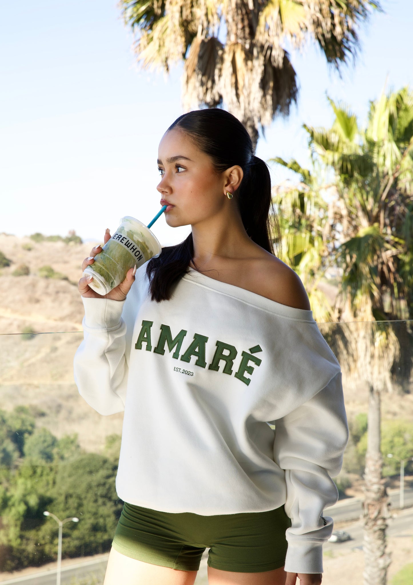 "Becoming her." off the shoulder crewneck (white)