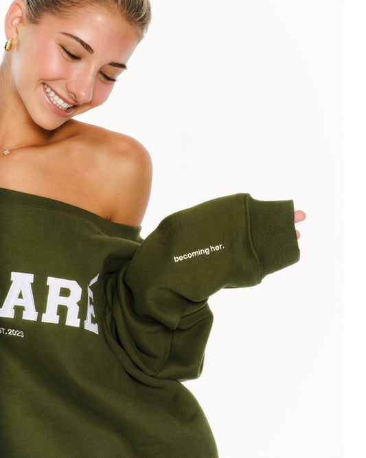 "Becoming her." off the shoulder crewneck (green)