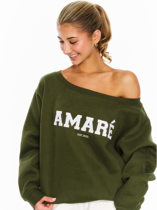 "Becoming her." off the shoulder crewneck (green)