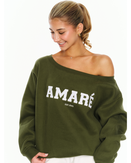 "Becoming her." off the shoulder crewneck (green)