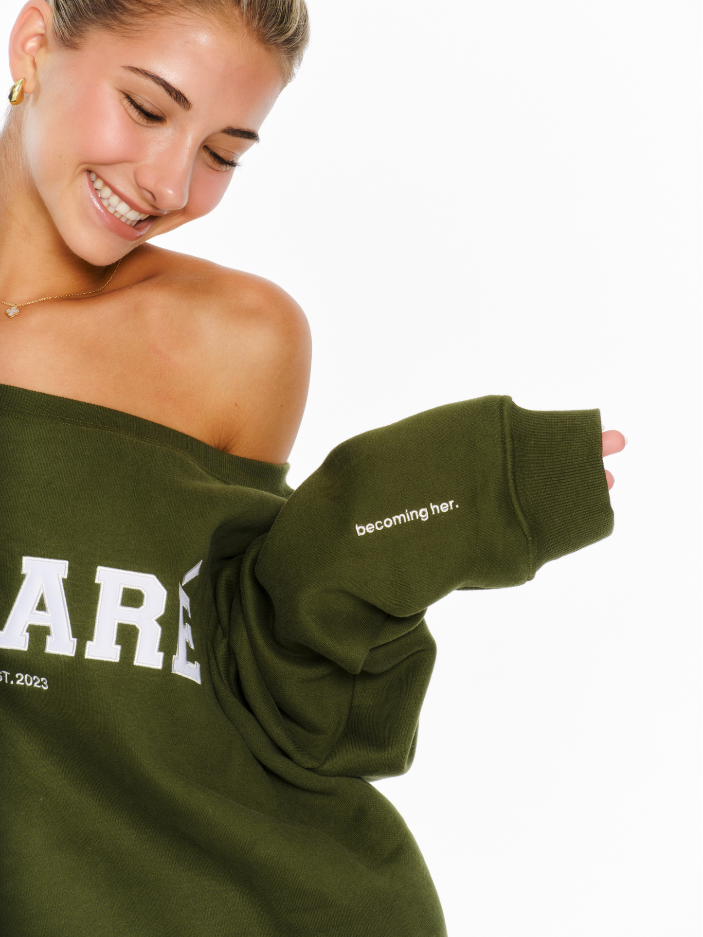 "Becoming her." off the shoulder crewneck (green)