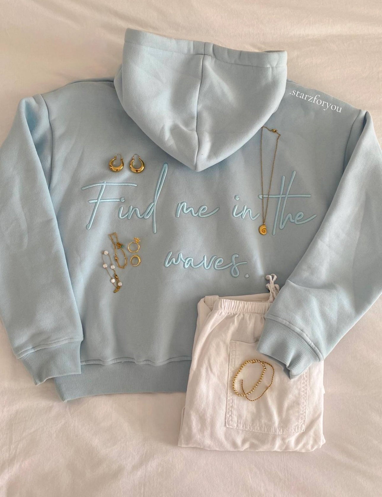 "Find me in the waves." Hoodie (Ocean Blue)