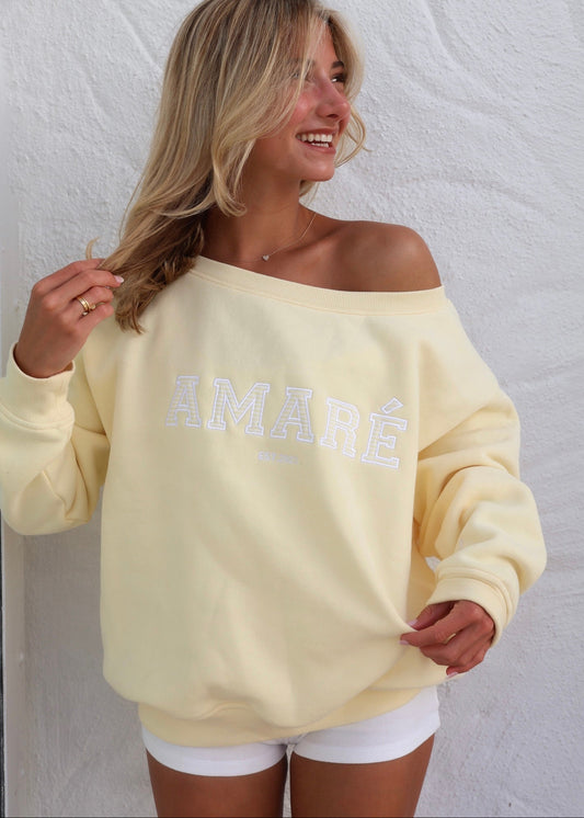 LUCKY GIRL. OFF THE SHOULDER CREWNECK (BANANA YELLOW)