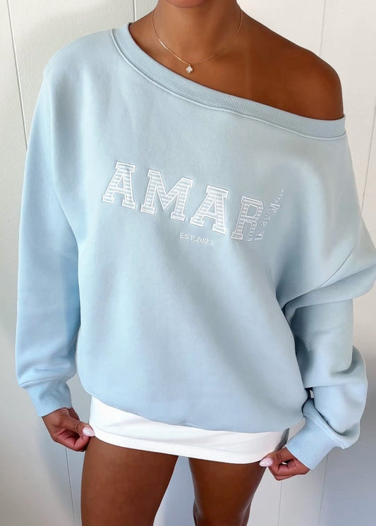 LUCKY GIRL. OFF THE SHOULDER CREWNECK (OCEAN BLUE)